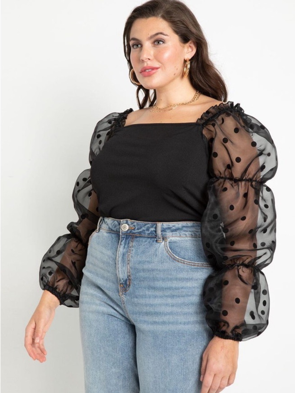 Eloquii Flocked Organza Sleeve Top Black Polka Dot